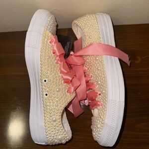 Pearl Embellished Sneakers with Pink Ribbon